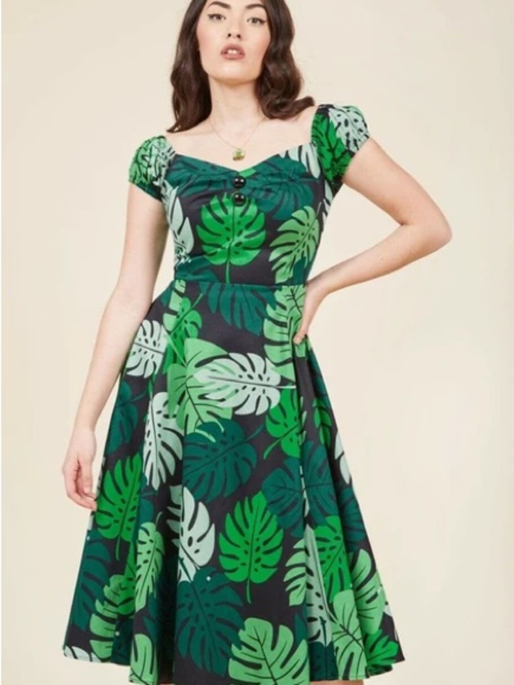 Collectif Black and Green Tropical Leaf Fit & Flare Tiki style dress